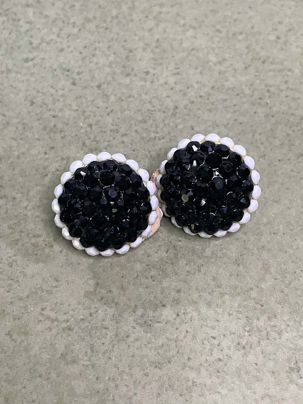 Vintage Black Rhinestone and White Bead Clip-On Earrings